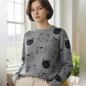 Anthropologie Calligraphie Women’s Cat Print Crewneck Sweater Size Large